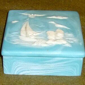 Vintage Ornate Seafoam Green White Alabaster Jewelry / Trinket Box